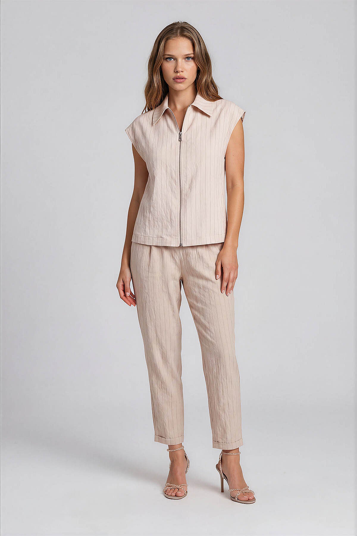 Önü Fermuarlı Çizgili Bluz