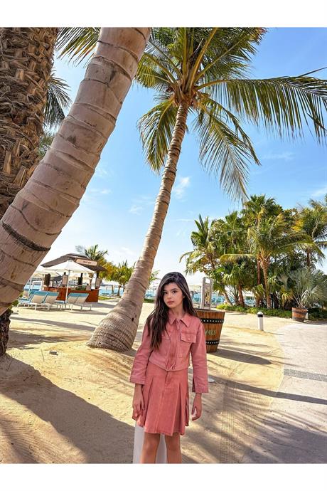 Organik Boyamalı Ceket Pileli Etek 2'Li Takım PEMBE 10 Yaş