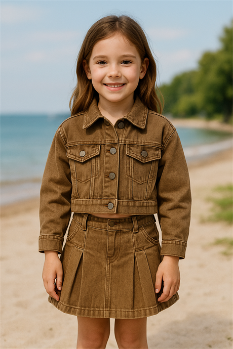 Organik Boyamalı Ceket Pileli Etek 2'Li Takım HARDAL 10 Yaş