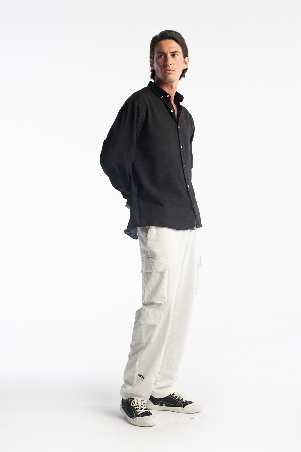 OVERSİZE DÖKÜMLÜ GÖMLEK - SİYAH M