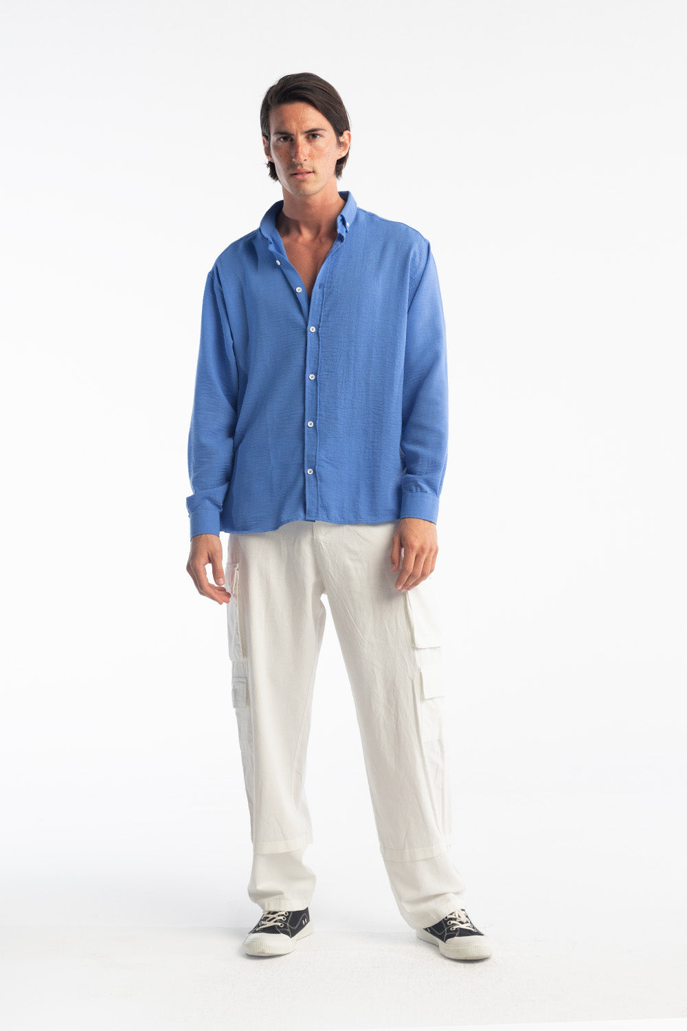 OVERSİZE DÖKÜMLÜ GÖMLEK - MAVİ S