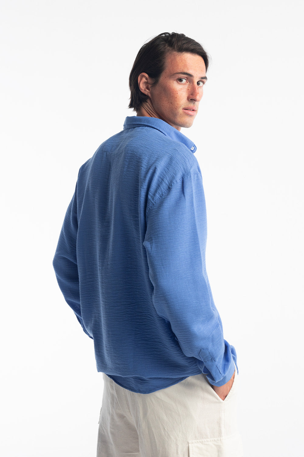 OVERSİZE DÖKÜMLÜ GÖMLEK - MAVİ M