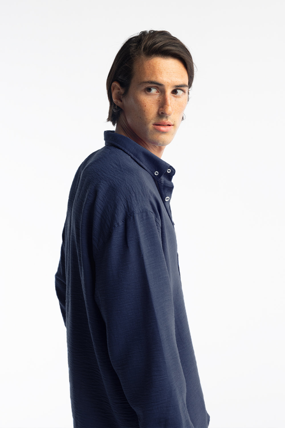 OVERSİZE DÖKÜMLÜ GÖMLEK - LACİVERT M