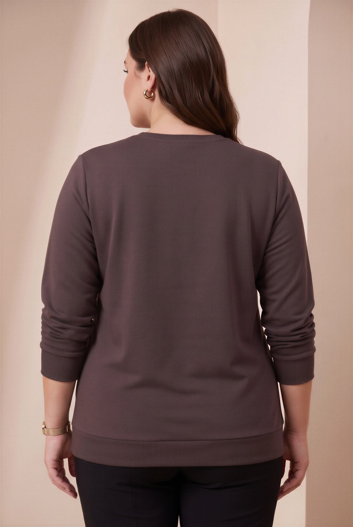 Özel Baskı Detaylı Büyük Beden Örme Modal Sweatshirt Kahve