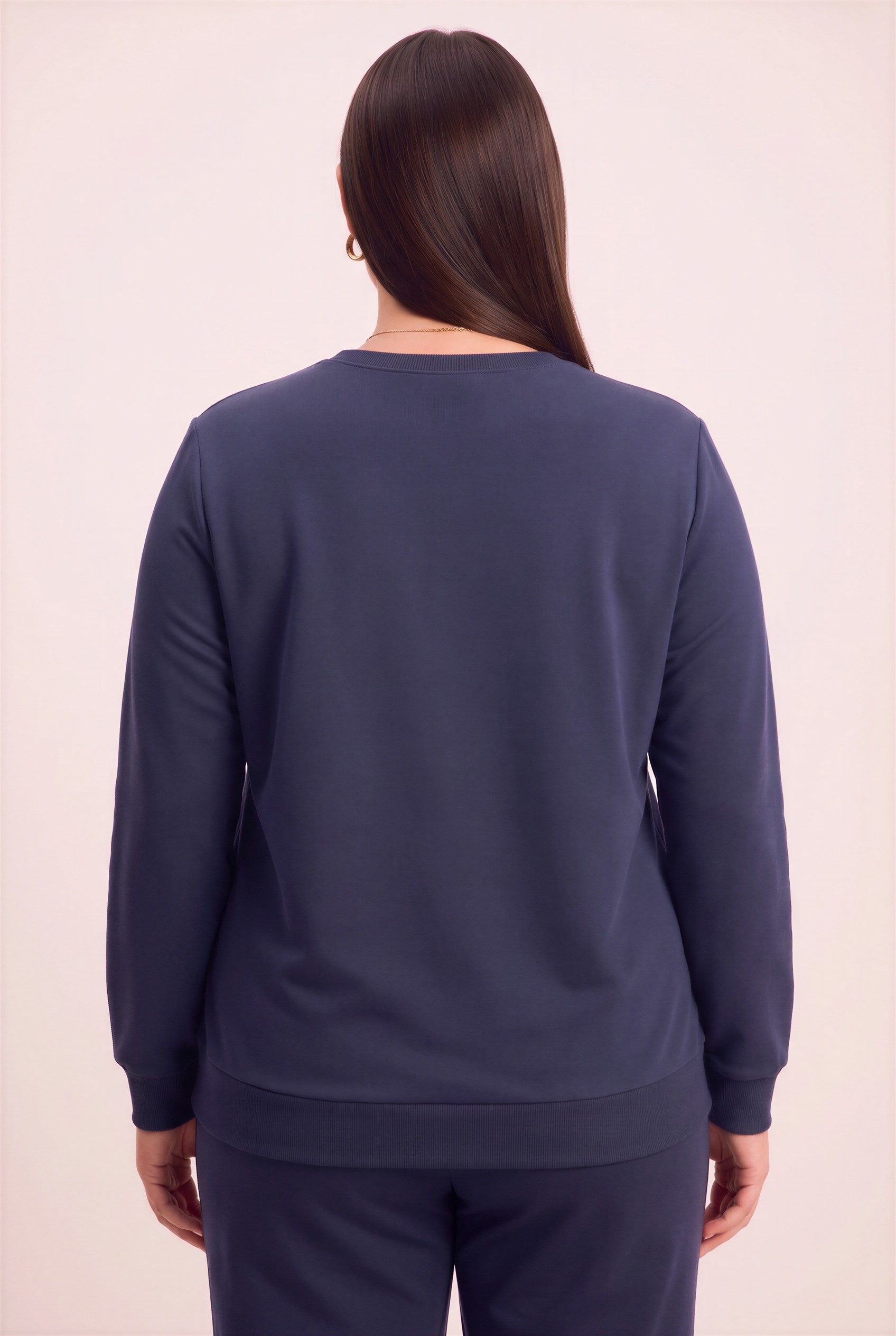 Özel Baskı Detaylı Büyük Beden Örme Modal Sweatshirt Lacivert