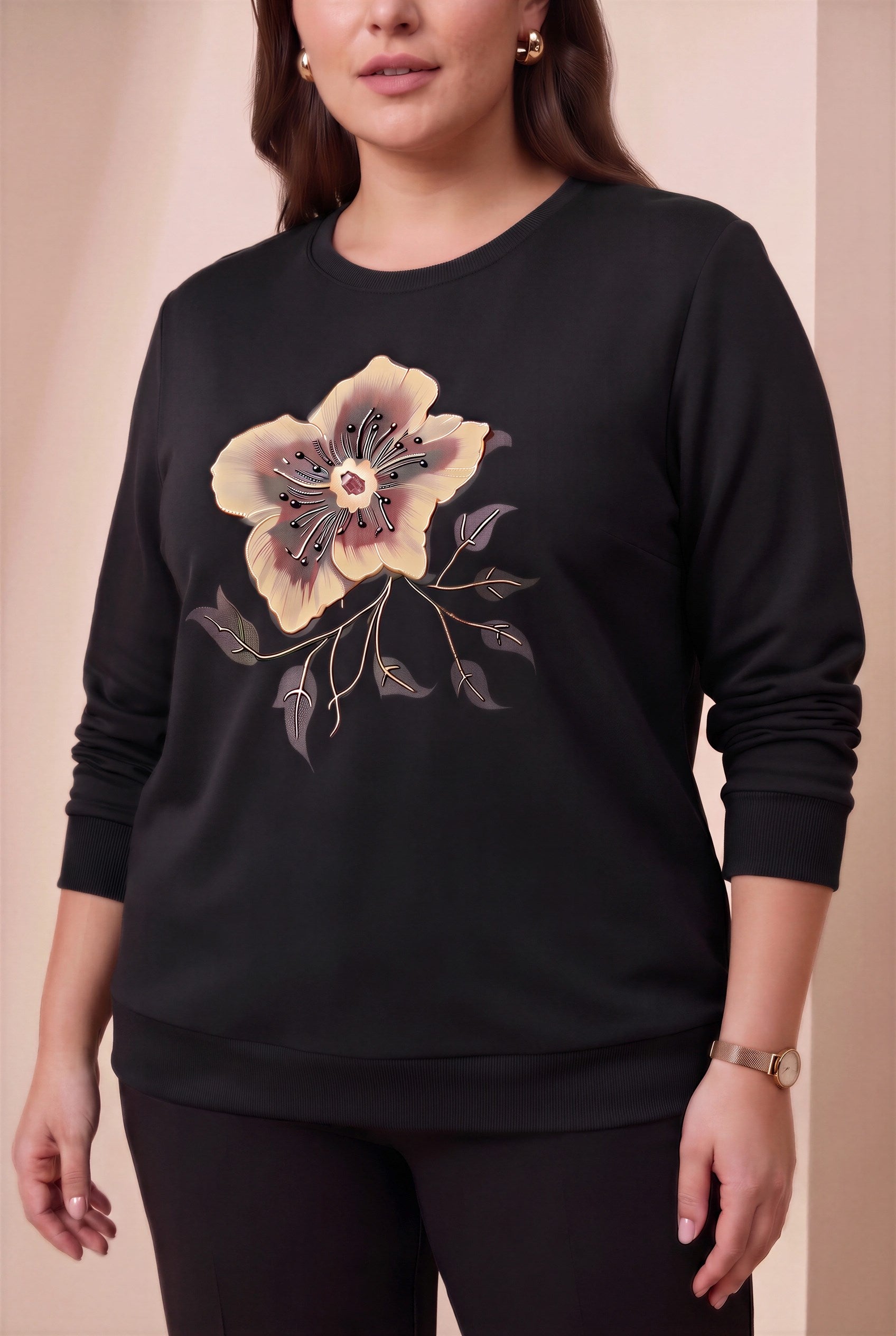 Özel Baskı Detaylı Büyük Beden Örme Modal Sweatshirt Siyah
