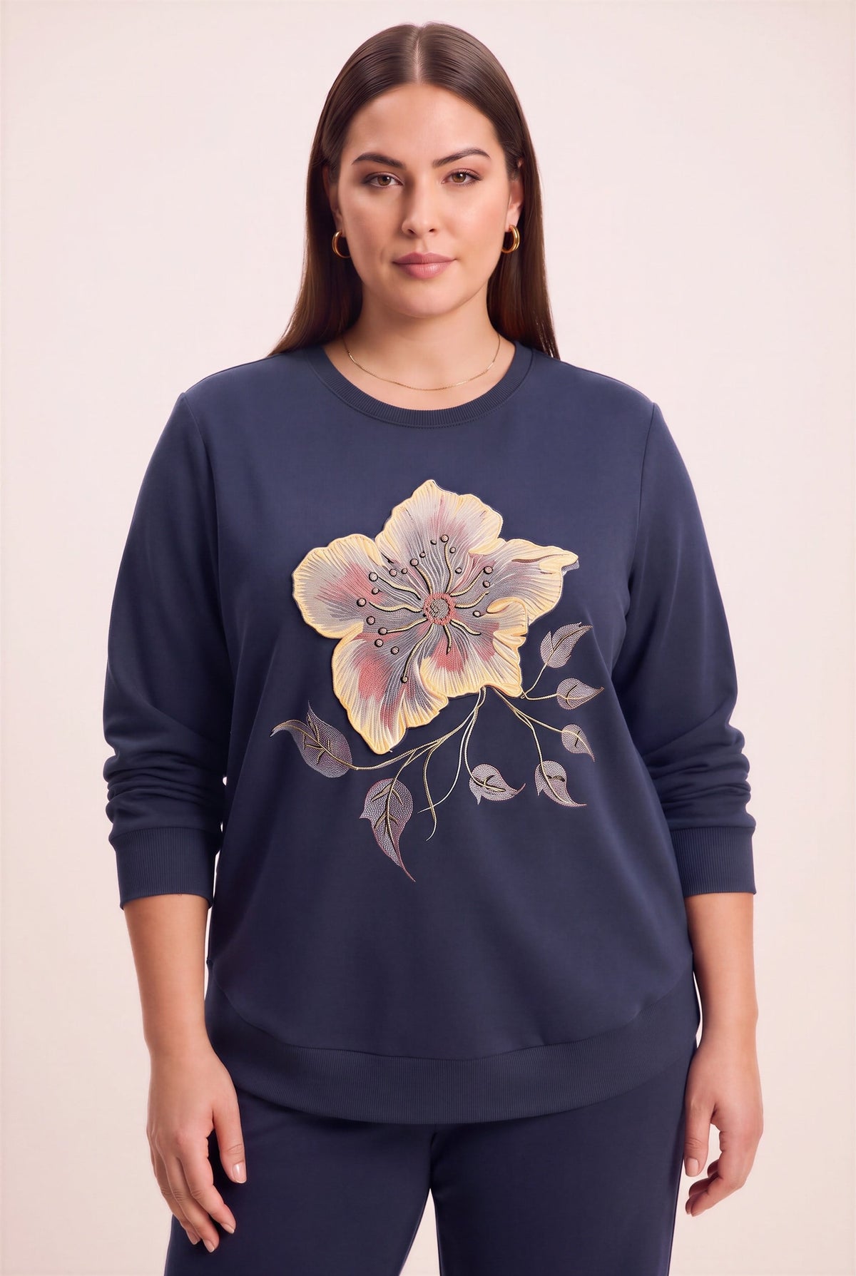 Özel Baskı Detaylı Büyük Beden Örme Modal Sweatshirt Lacivert