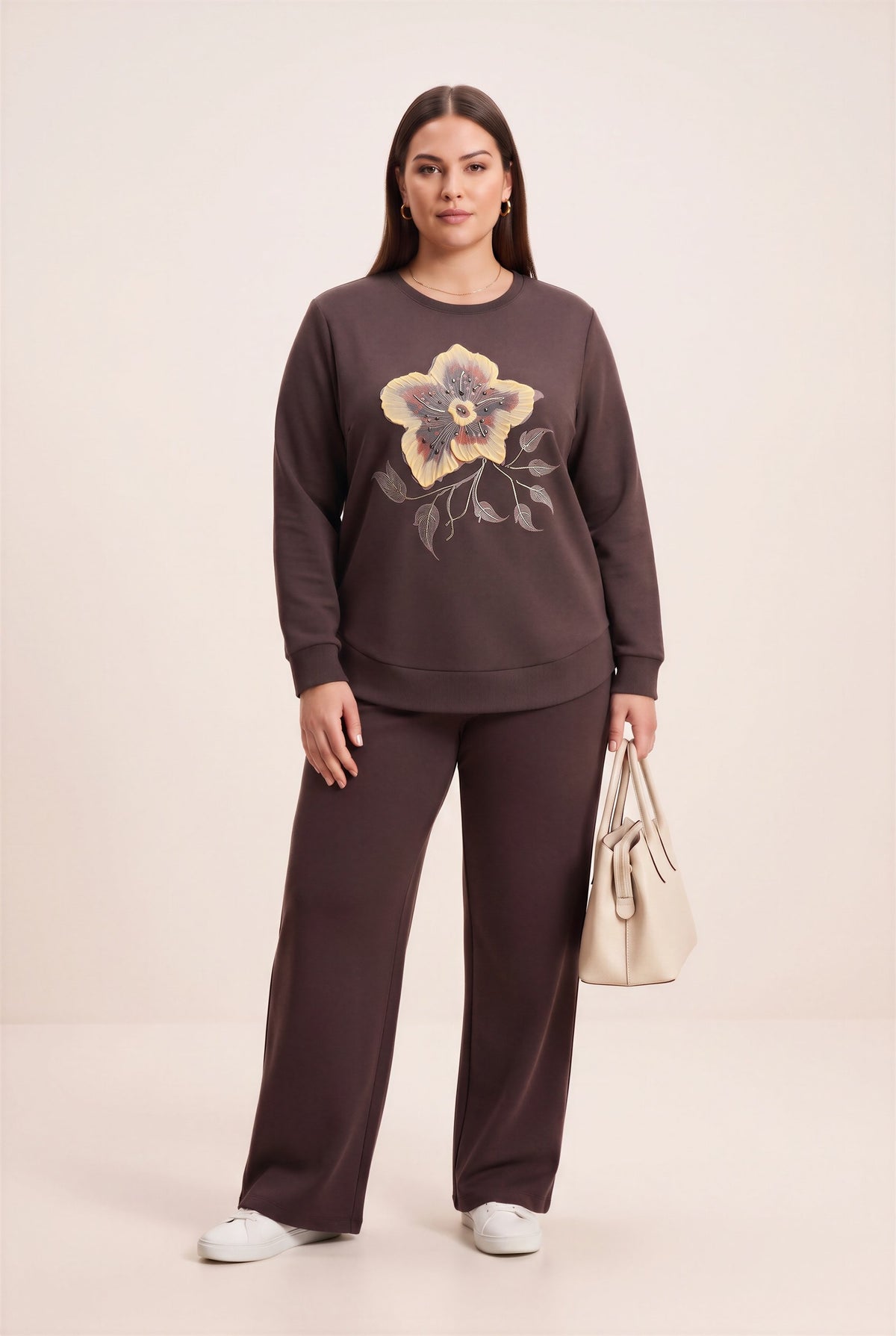Özel Baskı Detaylı Büyük Beden Örme Modal Sweatshirt Kahve