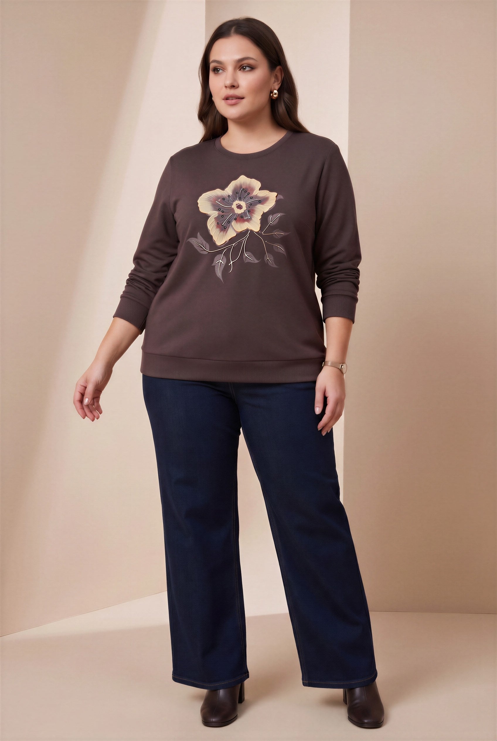 Özel Baskı Detaylı Büyük Beden Örme Modal Sweatshirt Kahve