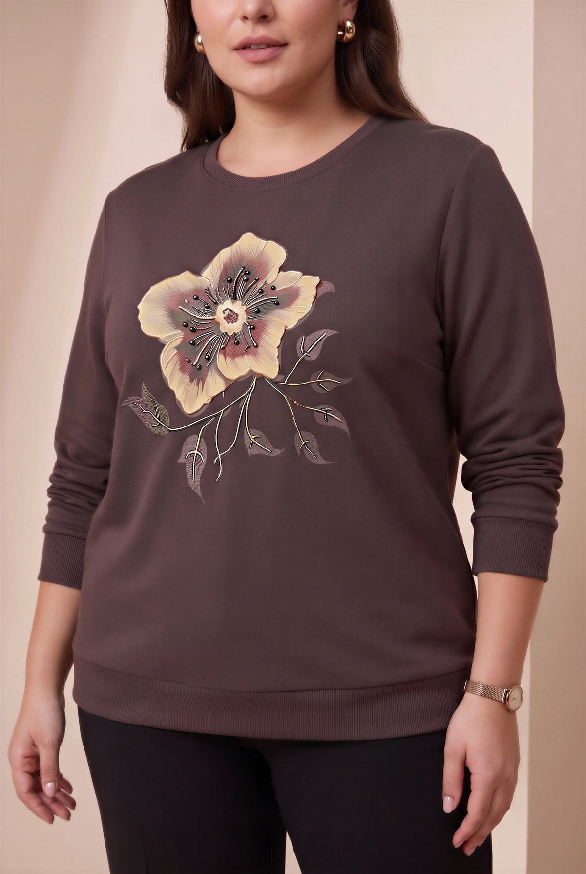 Özel Baskı Detaylı Büyük Beden Örme Modal Sweatshirt Kahve