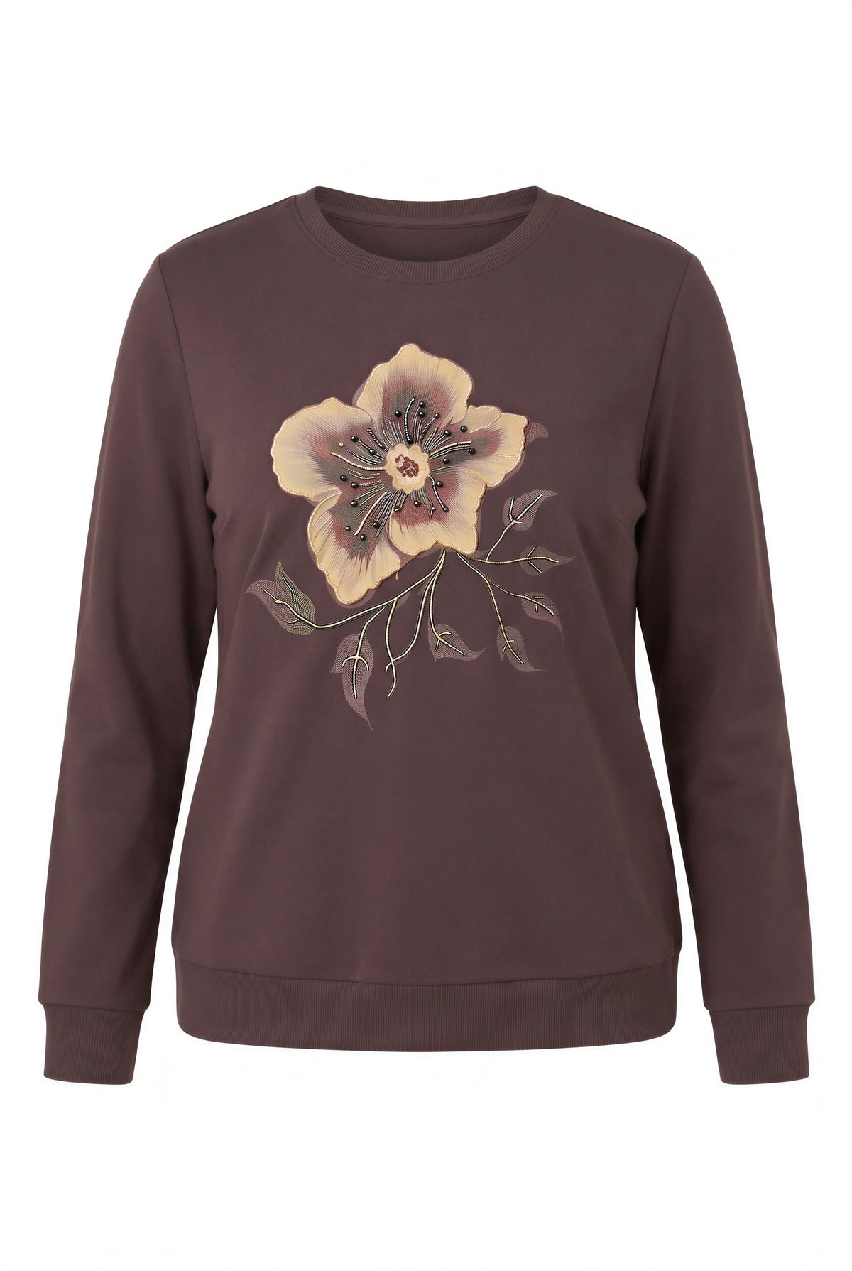 Özel Baskı Detaylı Büyük Beden Örme Modal Sweatshirt Kahve