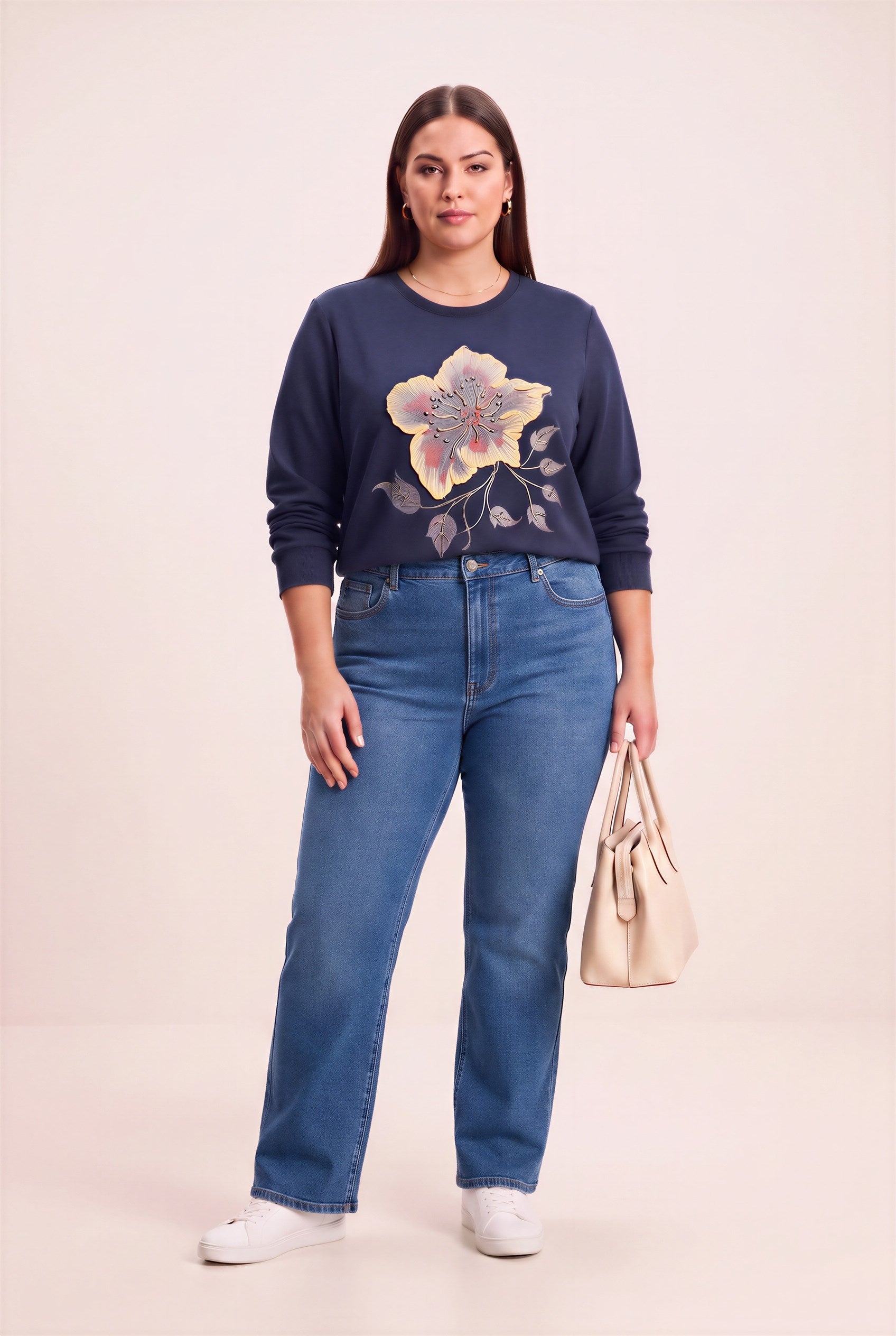 Özel Baskı Detaylı Büyük Beden Örme Modal Sweatshirt Lacivert