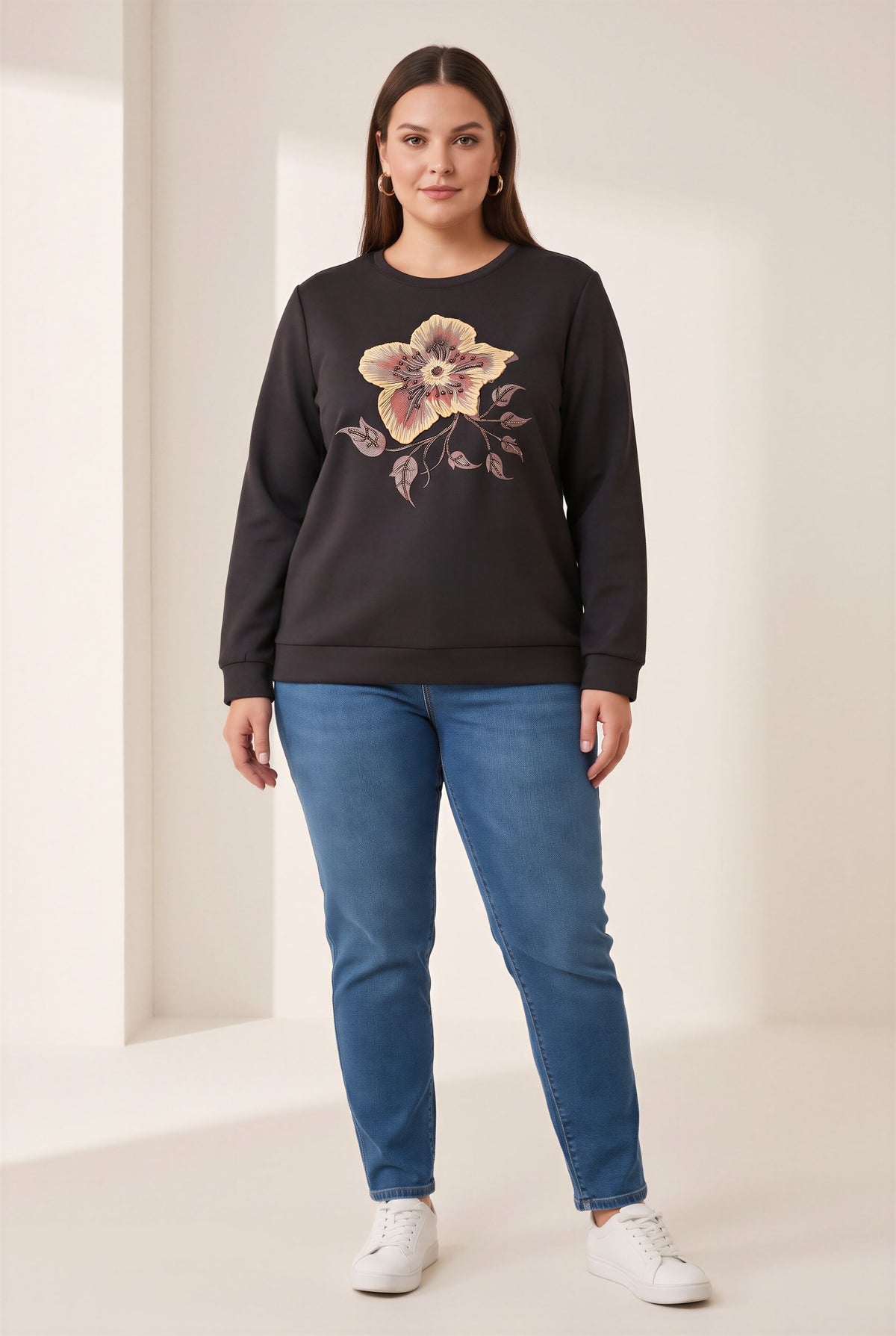 Özel Baskı Detaylı Büyük Beden Örme Modal Sweatshirt Siyah