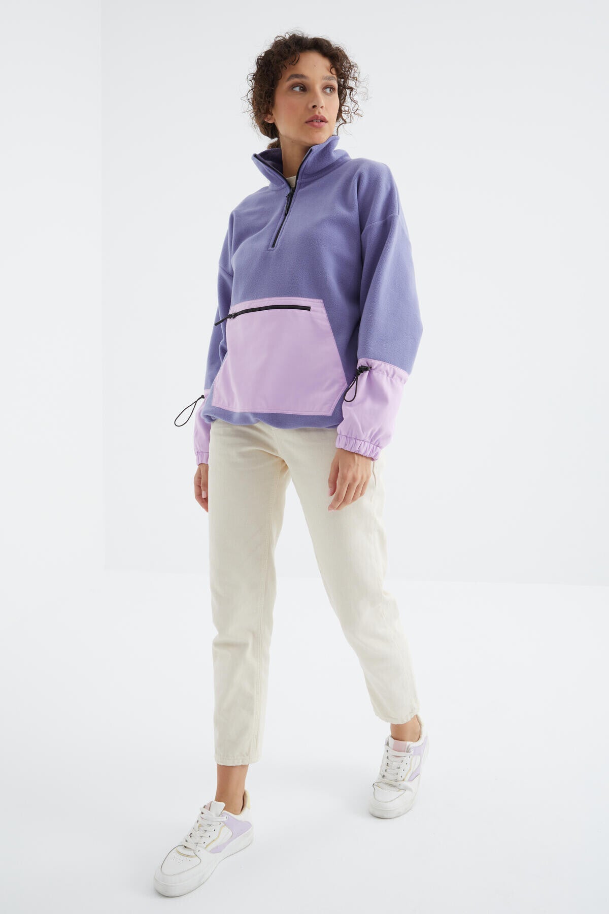 Açık Eflatun Etek Ucu Büzgülü Yarım Fermuarlı Oversize Kadın Polar Sweatshirt - 97238