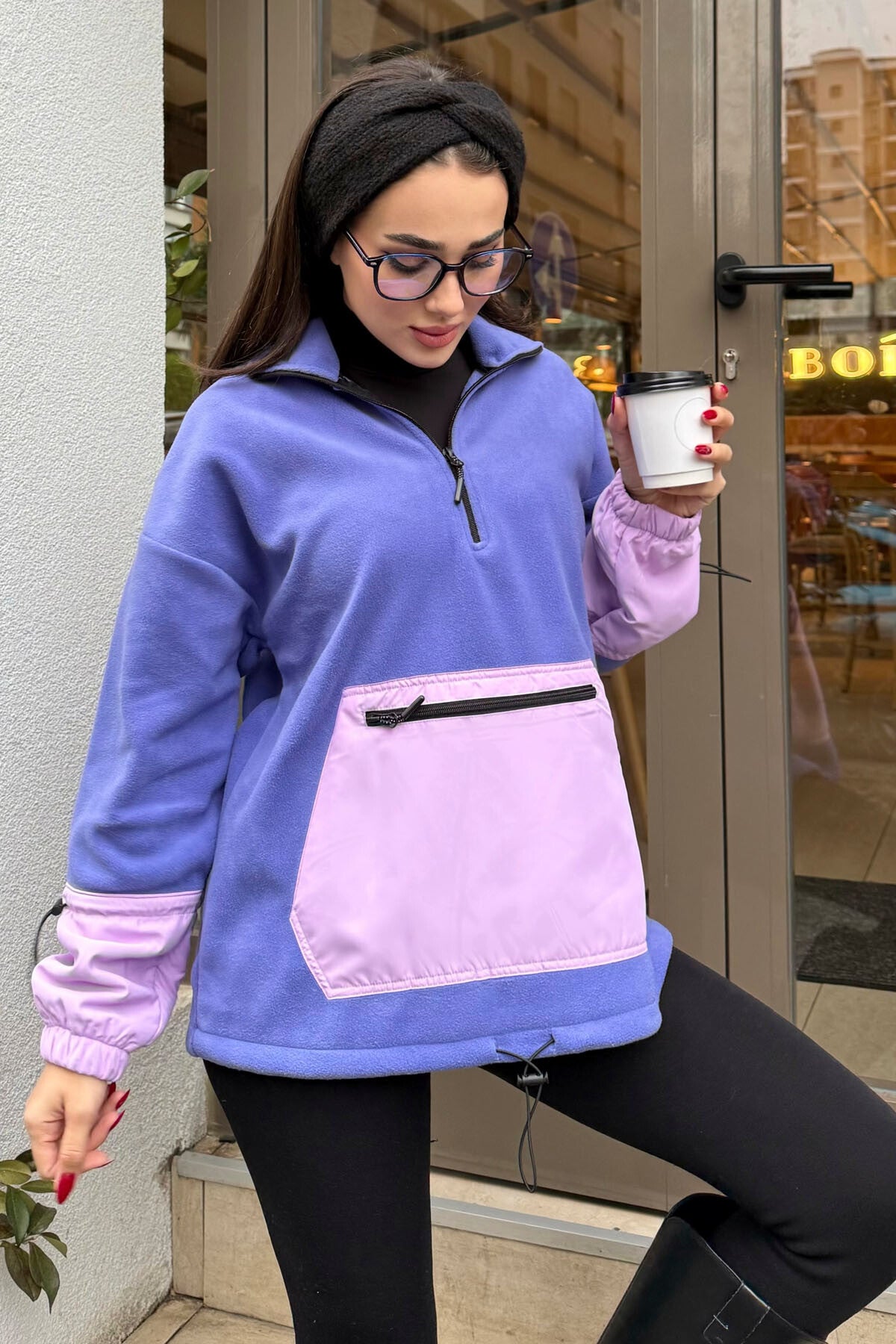 Açık Eflatun Etek Ucu Büzgülü Yarım Fermuarlı Oversize Kadın Polar Sweatshirt - 97238
