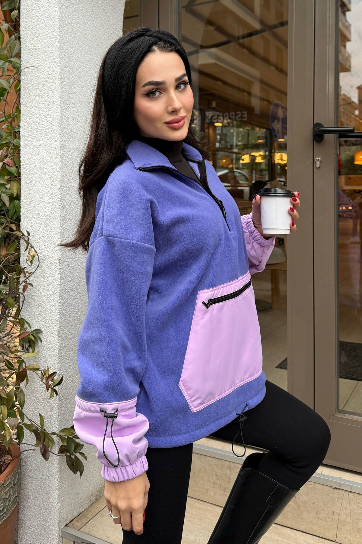 Açık Eflatun Etek Ucu Büzgülü Yarım Fermuarlı Oversize Kadın Polar Sweatshirt - 97238