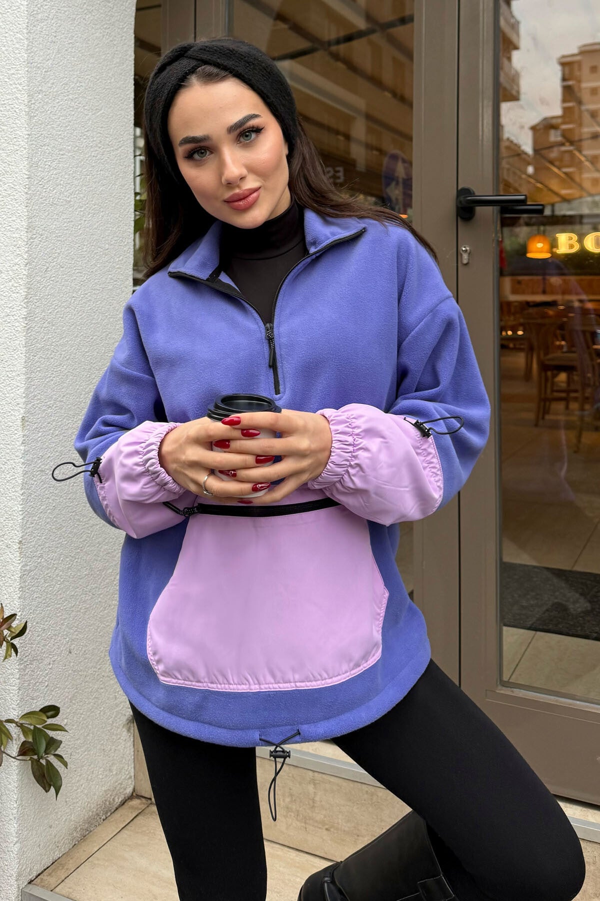 Açık Eflatun Etek Ucu Büzgülü Yarım Fermuarlı Oversize Kadın Polar Sweatshirt - 97238