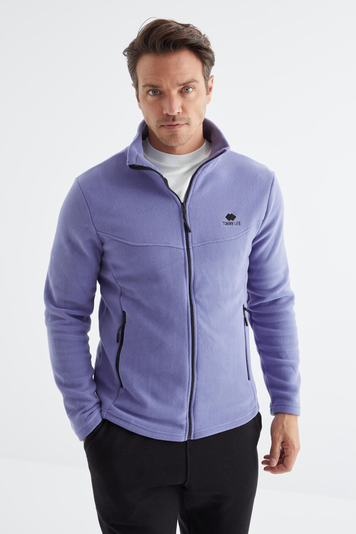Açık Eflatun Fermuarlı Dik Yaka Standart Kalıp Erkek Polar Sweatshirt - 88134