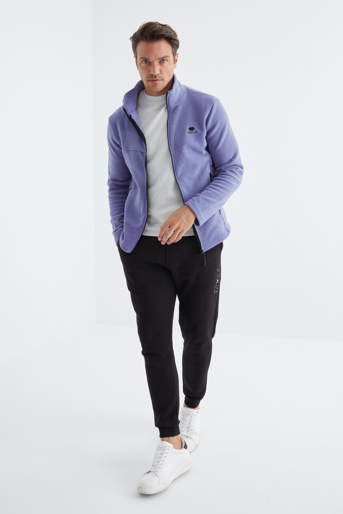 Açık Eflatun Fermuarlı Dik Yaka Standart Kalıp Erkek Polar Sweatshirt - 88134