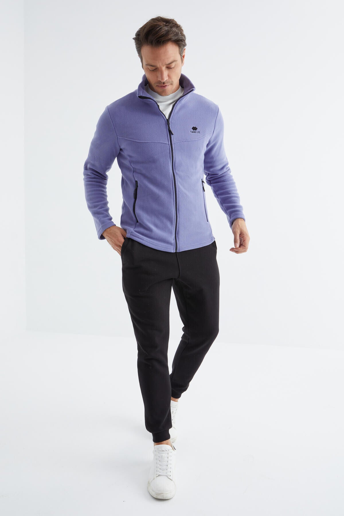 Açık Eflatun Fermuarlı Dik Yaka Standart Kalıp Erkek Polar Sweatshirt - 88134