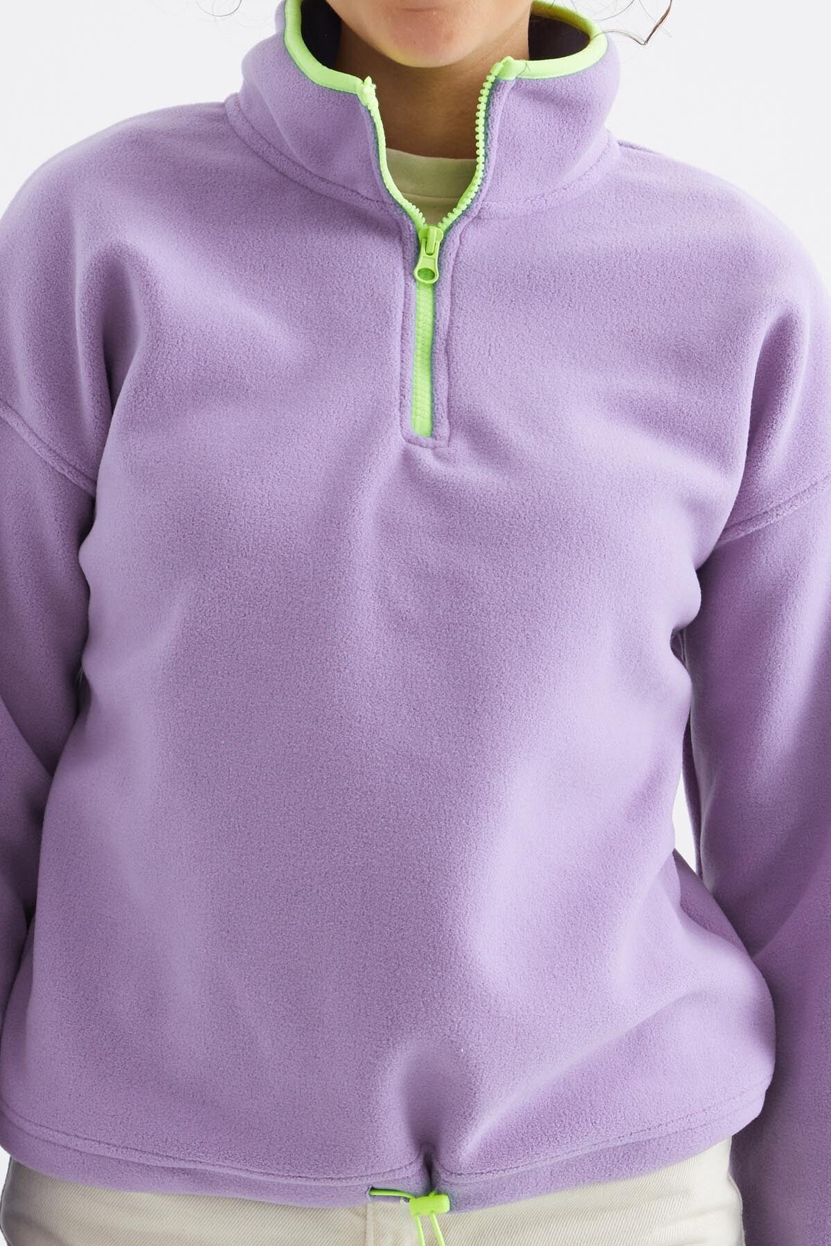 Açık Eflatun Yarım Fermuar Etek Ucu Büzgülü Dik Yaka Oversize Kadın Polar Sweatshirt - 97234