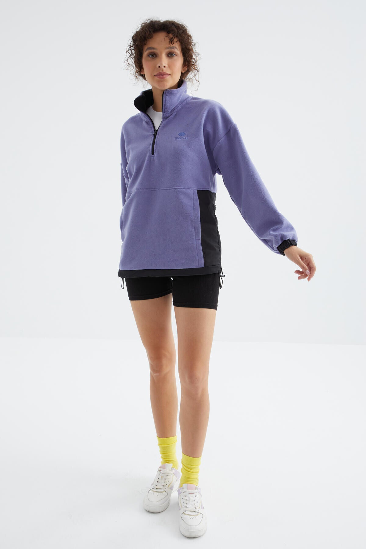 Açık Eflatun Yarım Fermuar Etek Ucu Büzgülü Dik Yaka Oversize Kadın Polar Sweatshirt - 97236