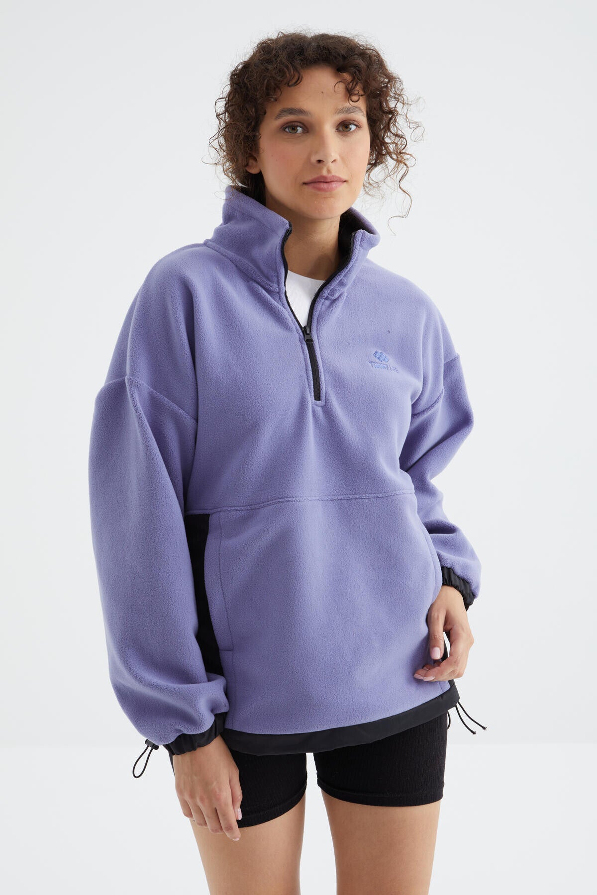 Açık Eflatun Yarım Fermuar Etek Ucu Büzgülü Dik Yaka Oversize Kadın Polar Sweatshirt - 97236