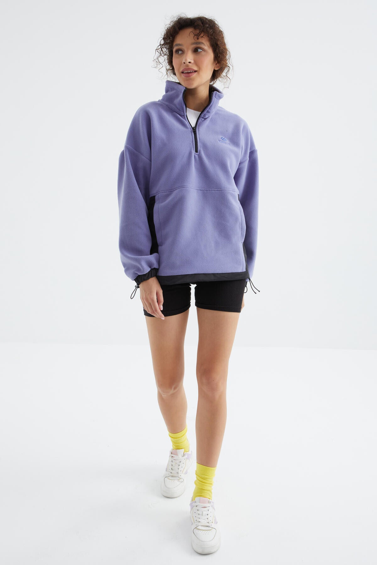 Açık Eflatun Yarım Fermuar Etek Ucu Büzgülü Dik Yaka Oversize Kadın Polar Sweatshirt - 97236