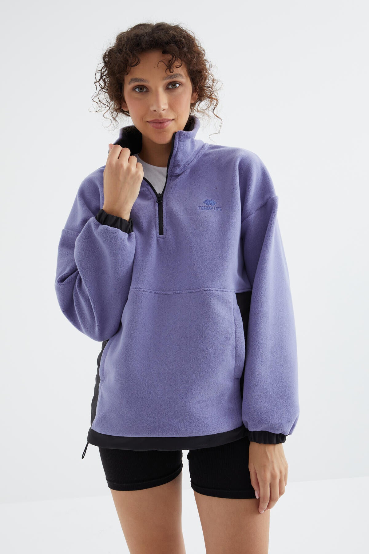Açık Eflatun Yarım Fermuar Etek Ucu Büzgülü Dik Yaka Oversize Kadın Polar Sweatshirt - 97236