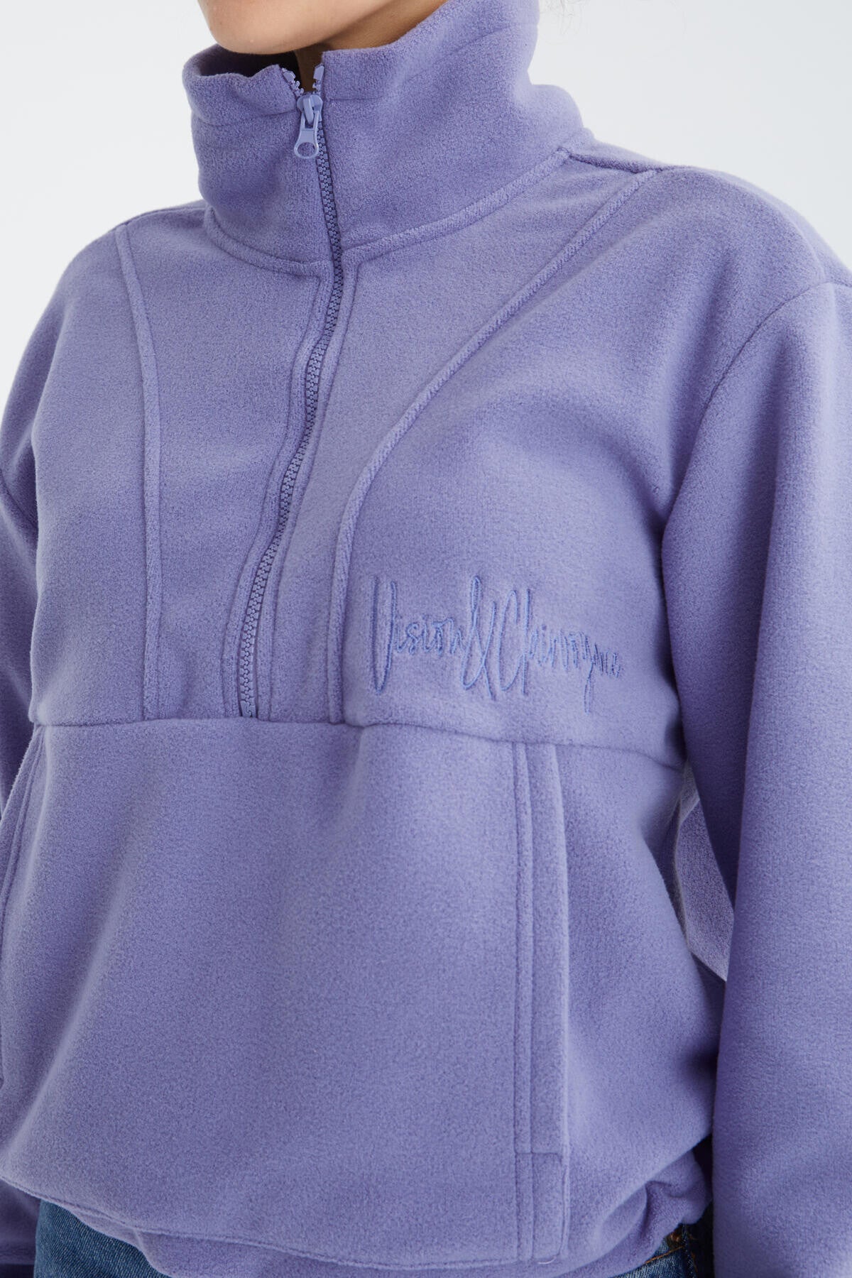 Açık Eflatun Yarım Fermuar Etek Ucu Büzgülü Kadın Polar Oversize Sweatshirt - 97171