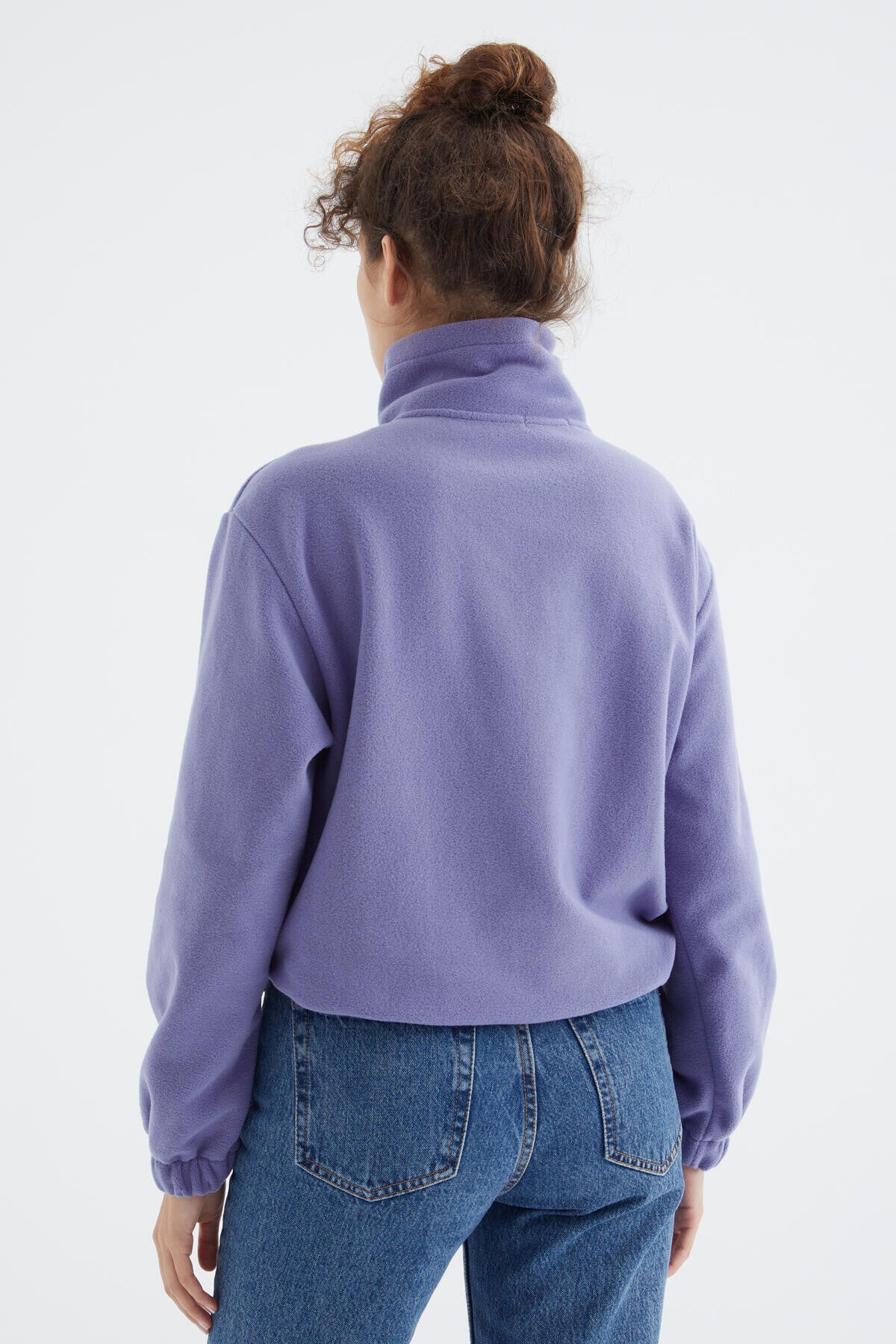 Açık Eflatun Yarım Fermuar Etek Ucu Büzgülü Kadın Polar Oversize Sweatshirt - 97171