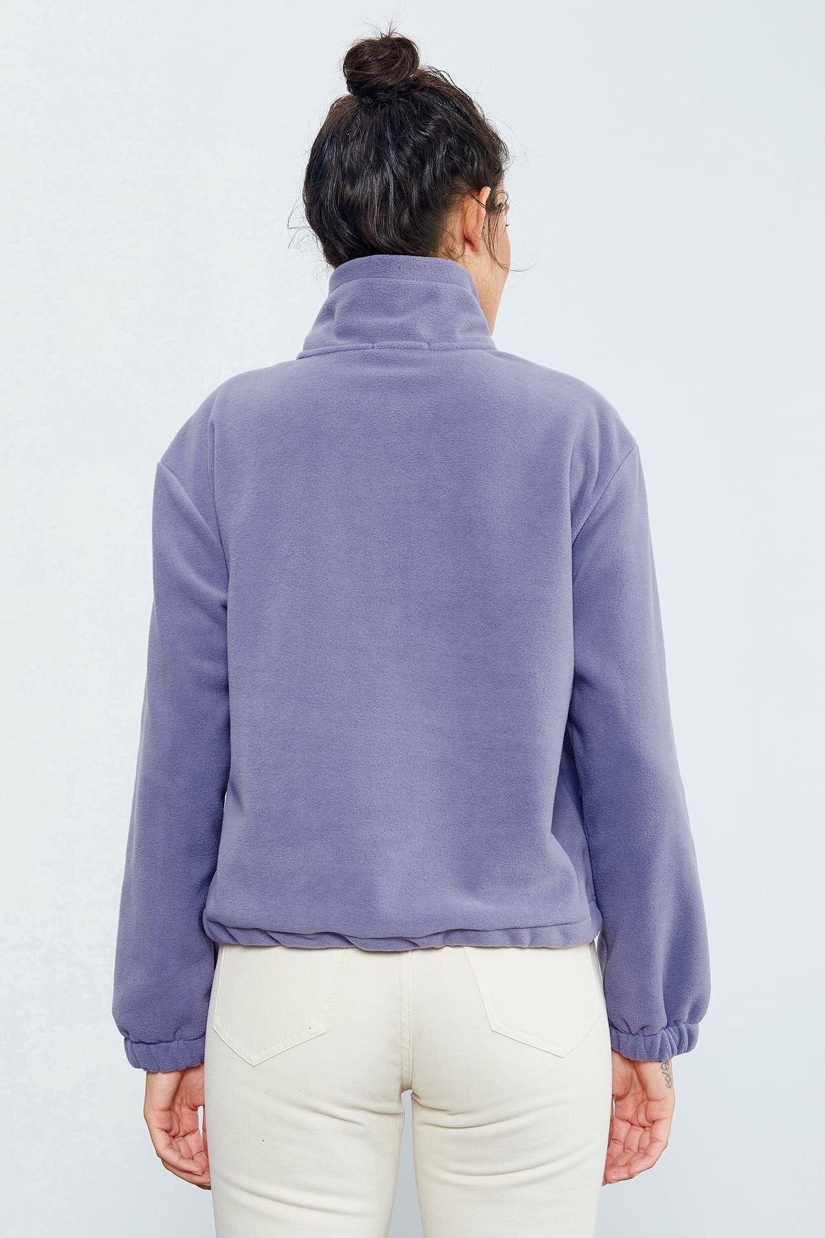 Açık Eflatun Yarım Fermuar Etek Ucu Büzgülü Kadın Polar Oversize Sweatshirt - 97171