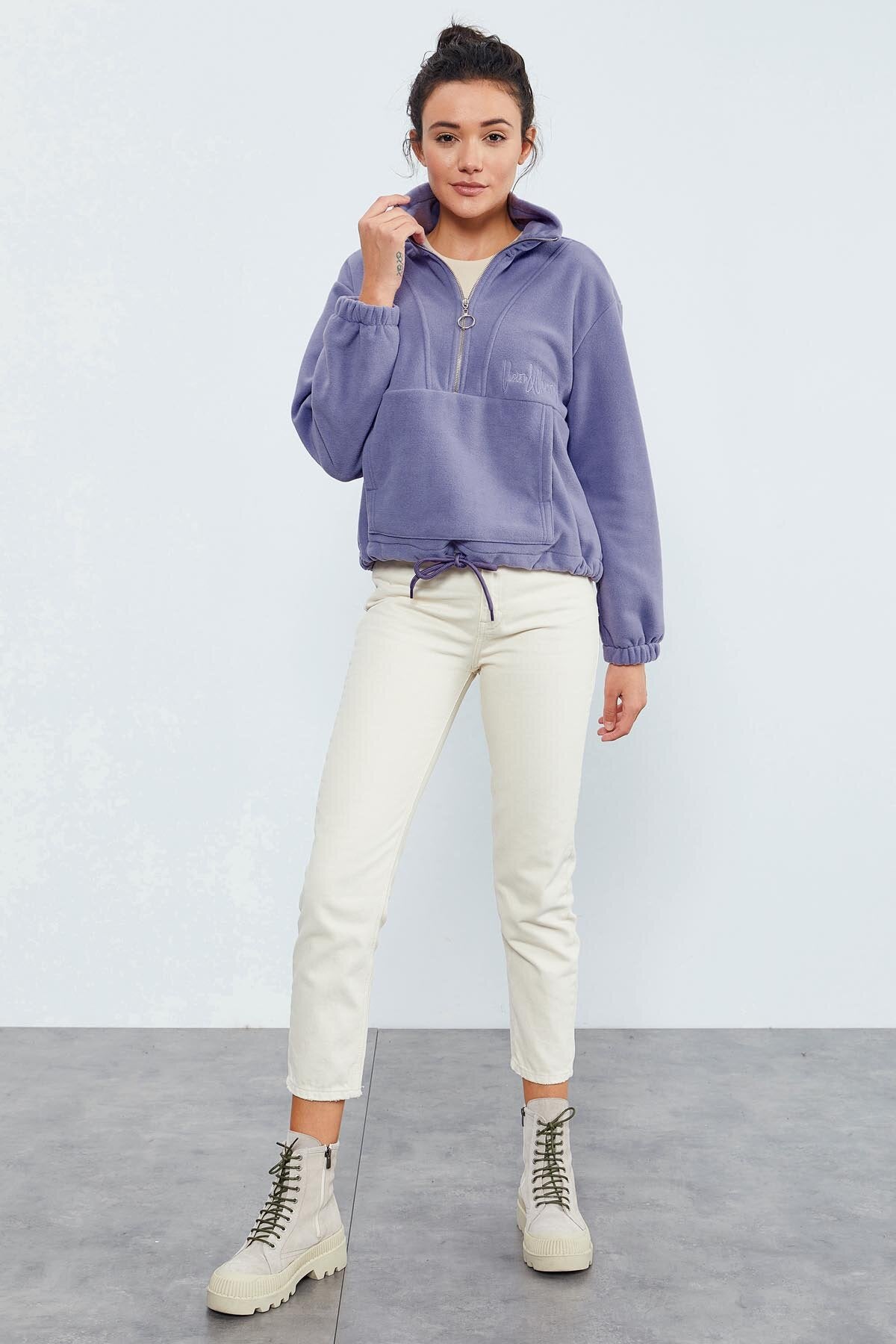 Açık Eflatun Yarım Fermuar Etek Ucu Büzgülü Kadın Polar Oversize Sweatshirt - 97171