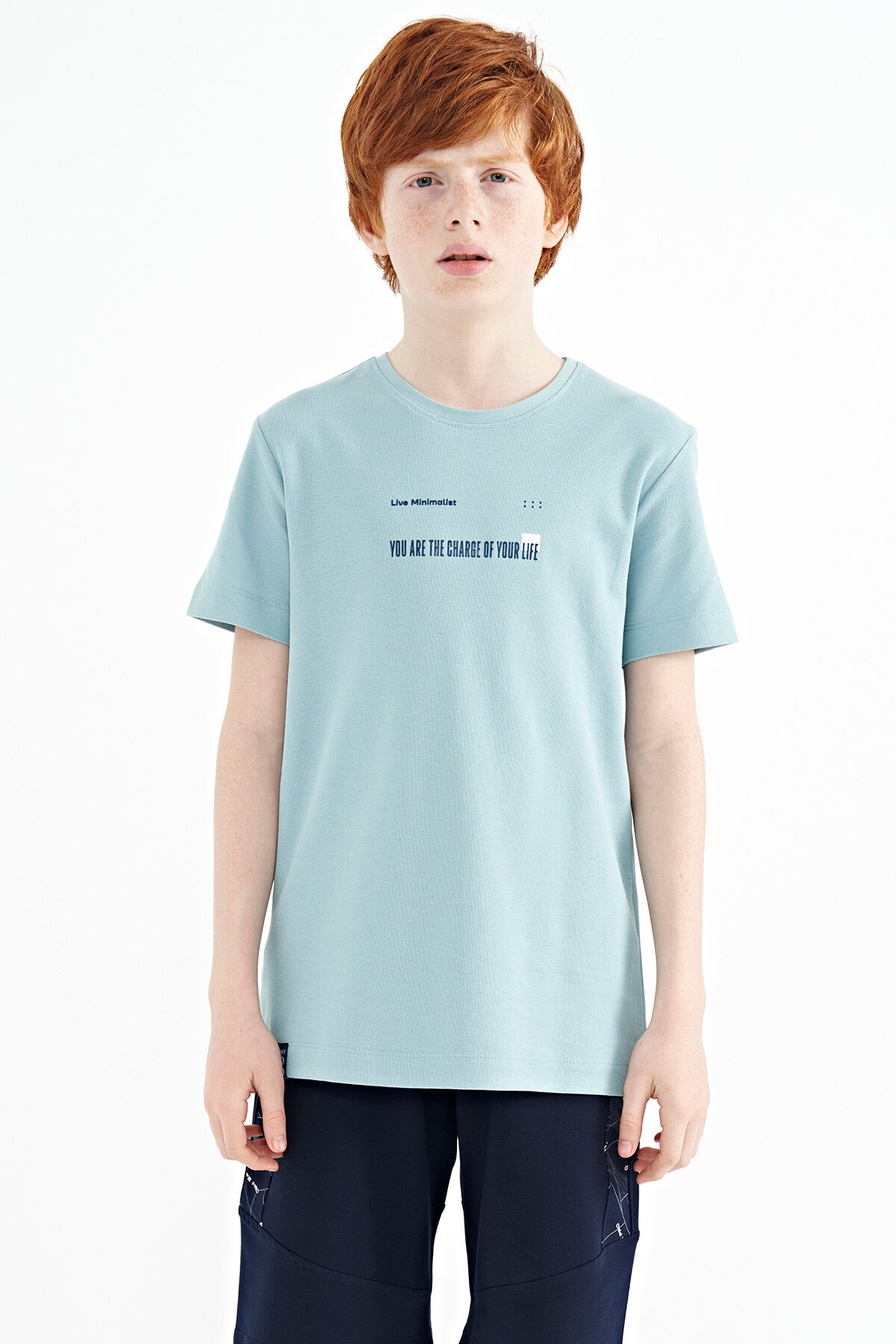 Açık Mavi Baskı Detaylı O Yaka Standart Kalıp Erkek Çocuk T-Shirt - 11117