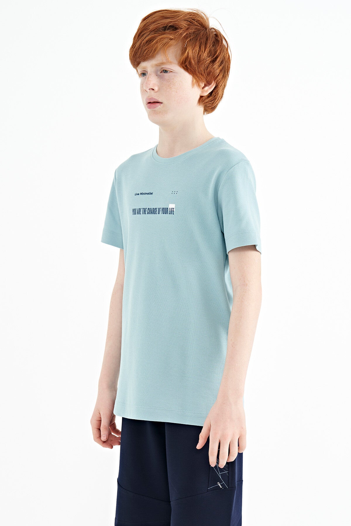 Açık Mavi Baskı Detaylı O Yaka Standart Kalıp Erkek Çocuk T-Shirt - 11117