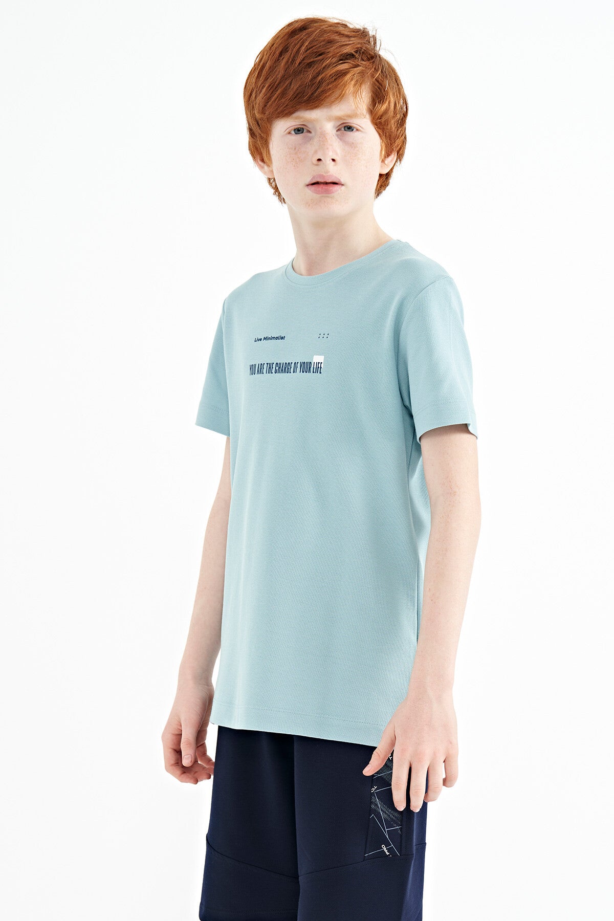 Açık Mavi Baskı Detaylı O Yaka Standart Kalıp Erkek Çocuk T-Shirt - 11117