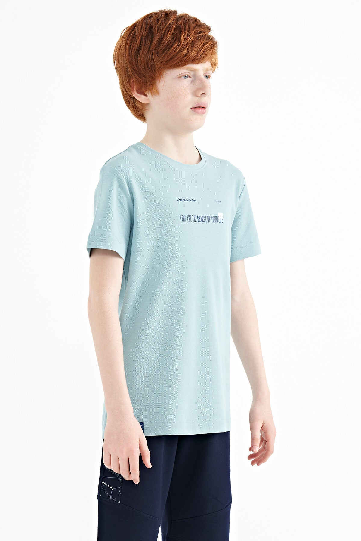 Açık Mavi Baskı Detaylı O Yaka Standart Kalıp Erkek Çocuk T-Shirt - 11117