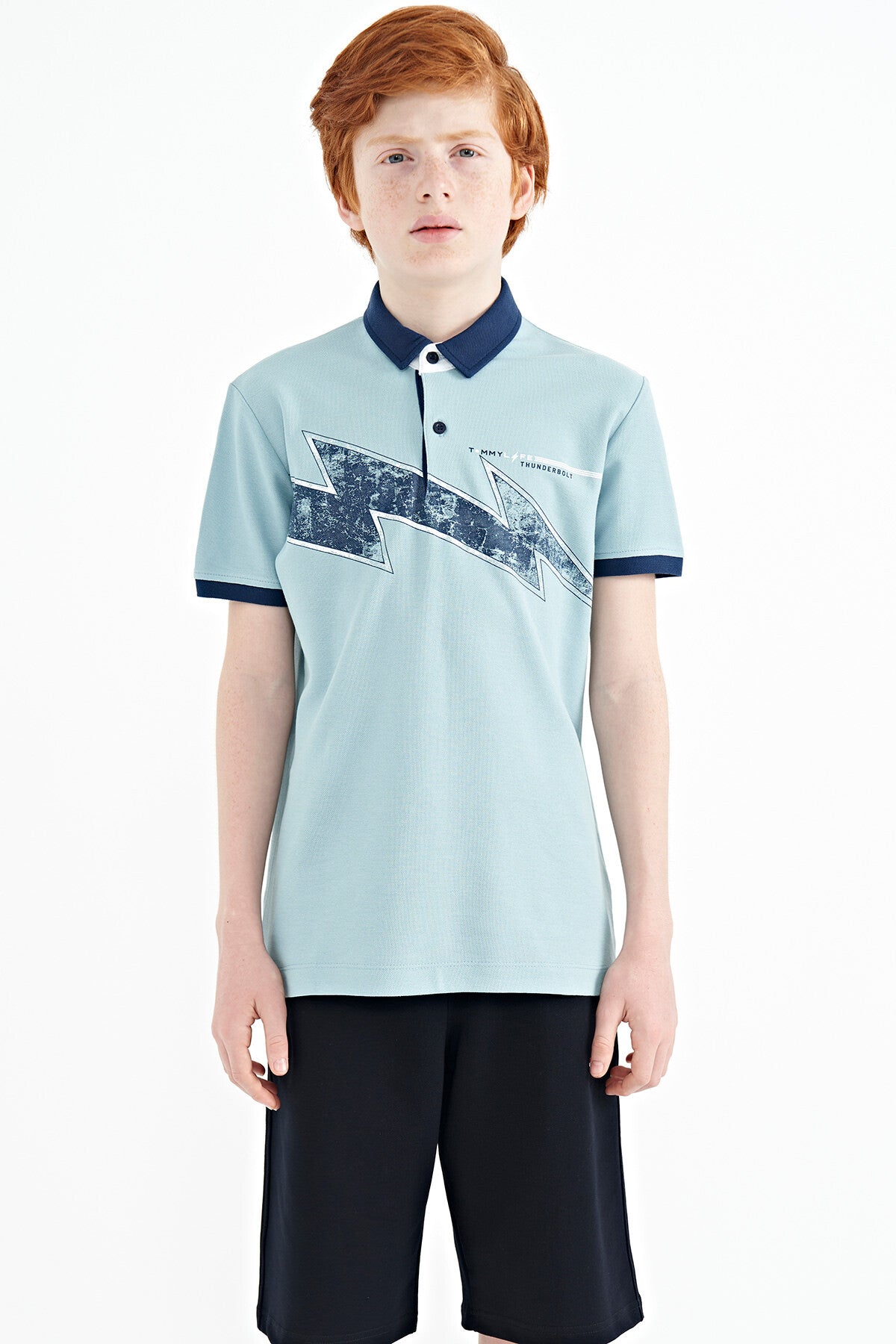 Açık Mavi Baskı Detaylı Standart Kalıp Polo Yaka Erkek Çocuk T-Shirt - 11154
