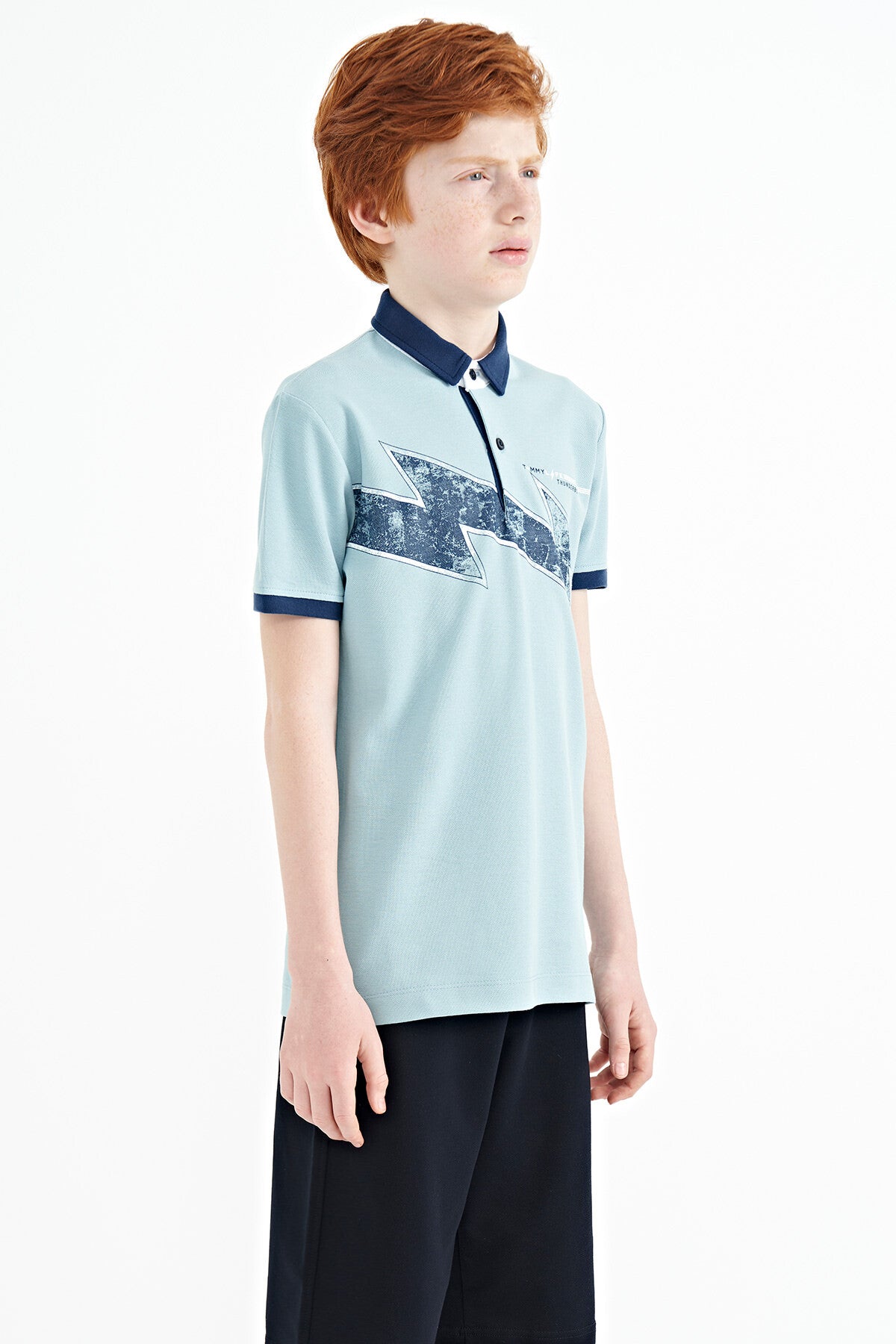Açık Mavi Baskı Detaylı Standart Kalıp Polo Yaka Erkek Çocuk T-Shirt - 11154