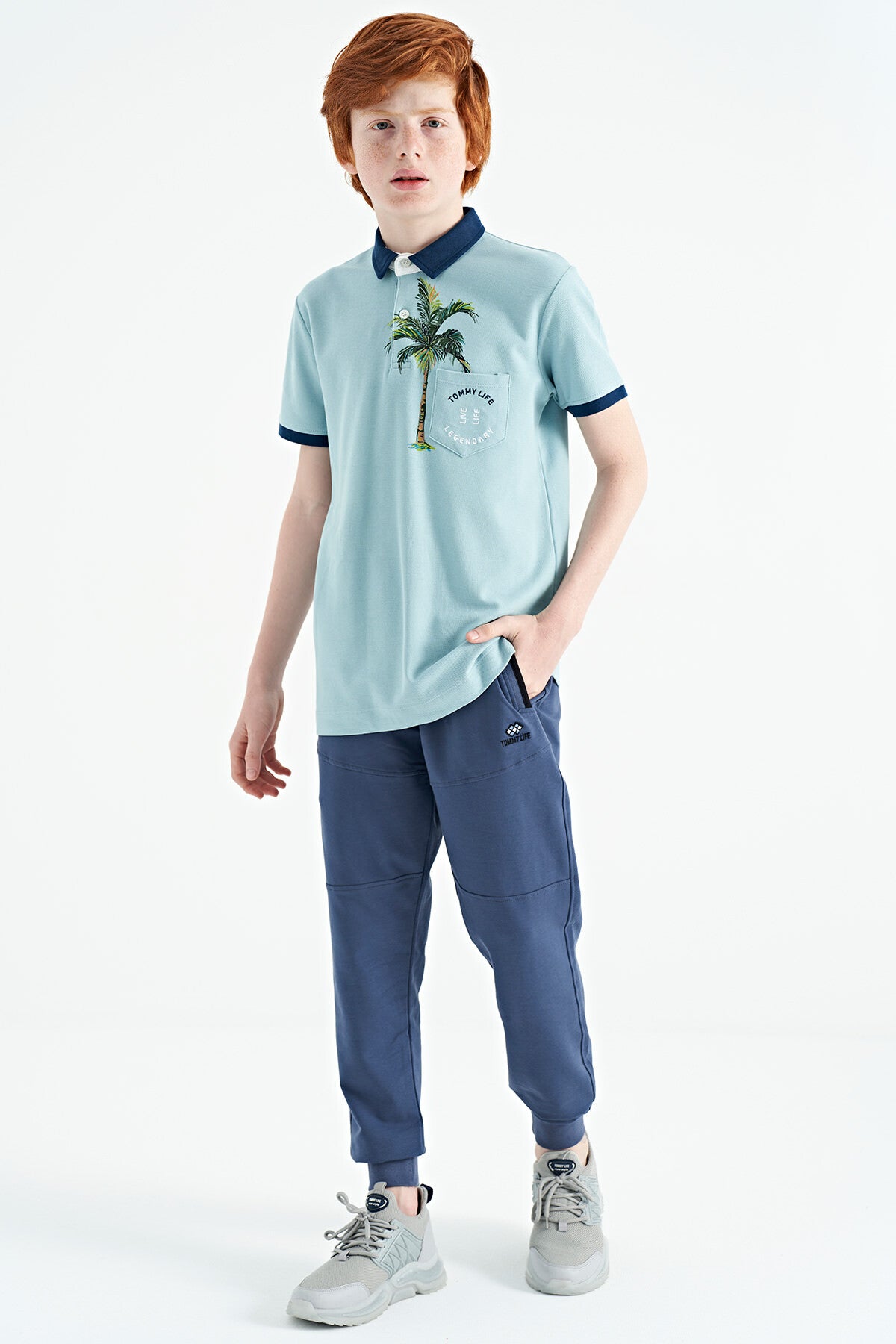 Açık Mavi Baskılı Cep Detaylı Standart Kalıp Polo Yaka Erkek Çocuk T-Shirt - 11144