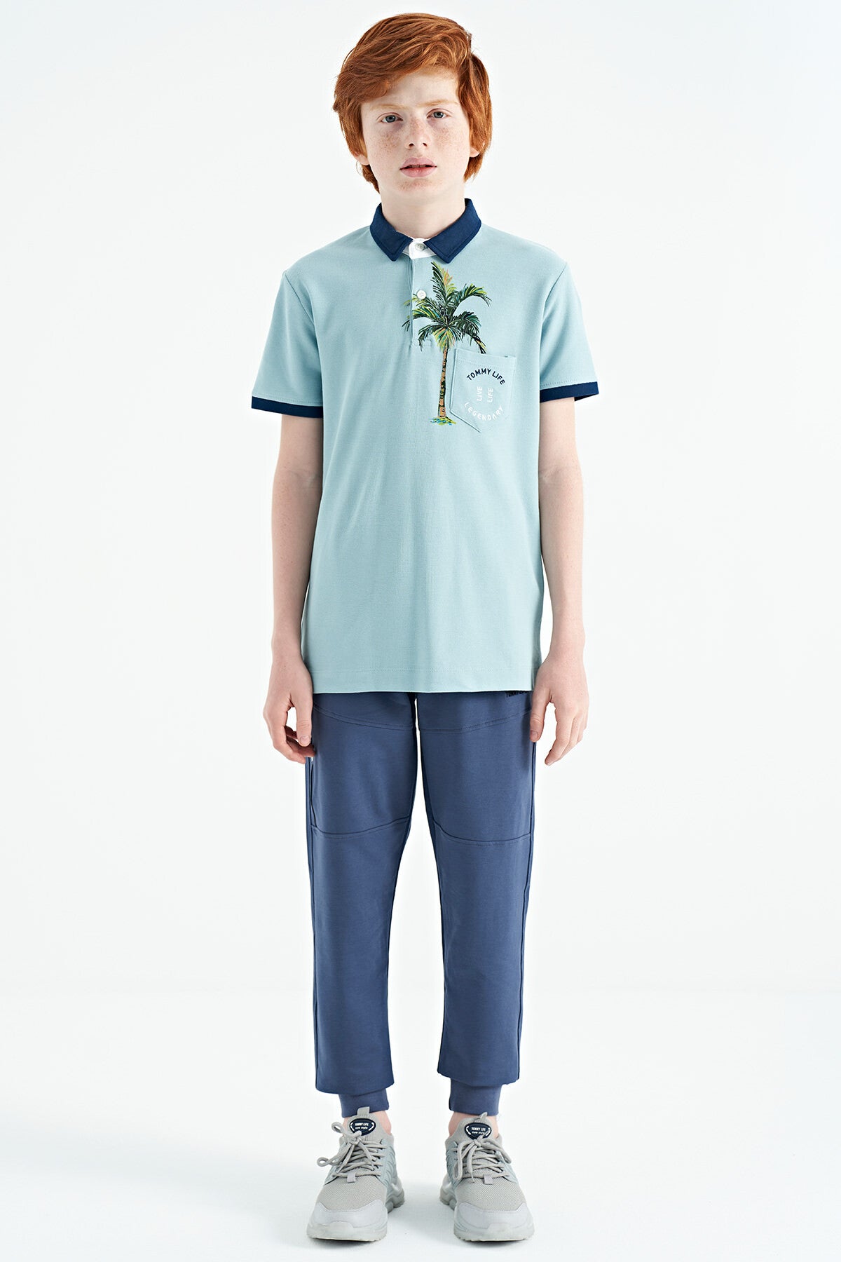 Açık Mavi Baskılı Cep Detaylı Standart Kalıp Polo Yaka Erkek Çocuk T-Shirt - 11144