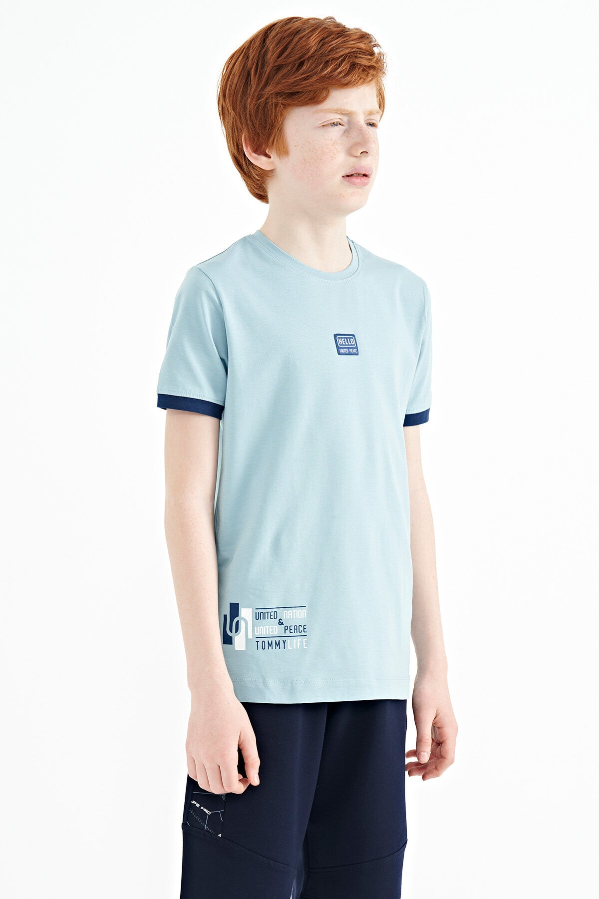 Açık Mavi Baskılı Standart Kalıp O Yaka Erkek Çocuk T-Shirt - 11097
