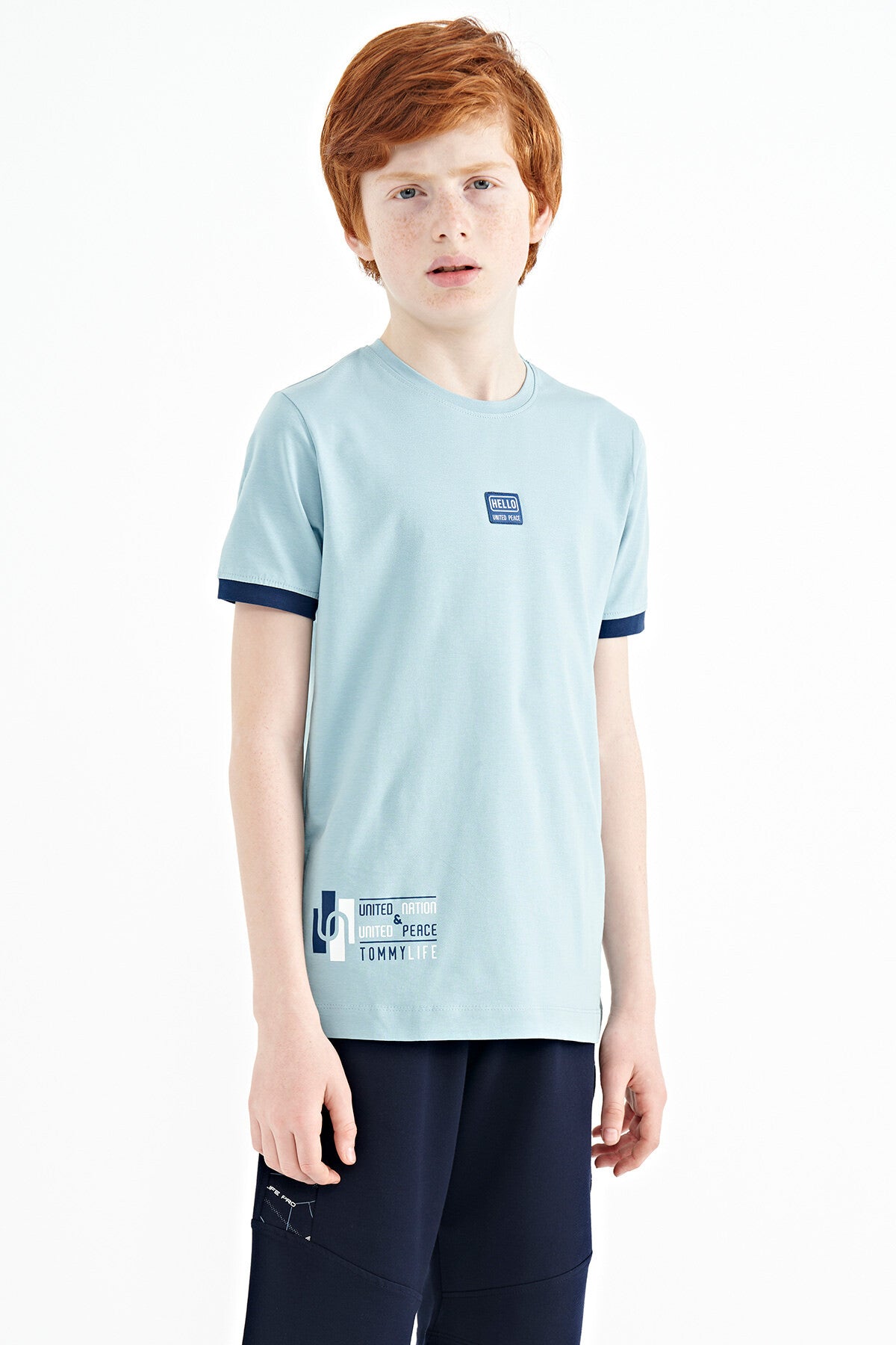 Açık Mavi Baskılı Standart Kalıp O Yaka Erkek Çocuk T-Shirt - 11097