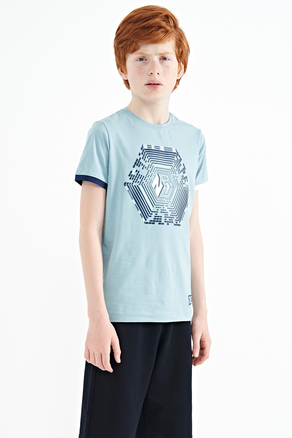 Açık Mavi Kol Ucu Renkli Detaylı Baskılı Standart Kalıp Erkek Çocuk T-Shirt - 11156