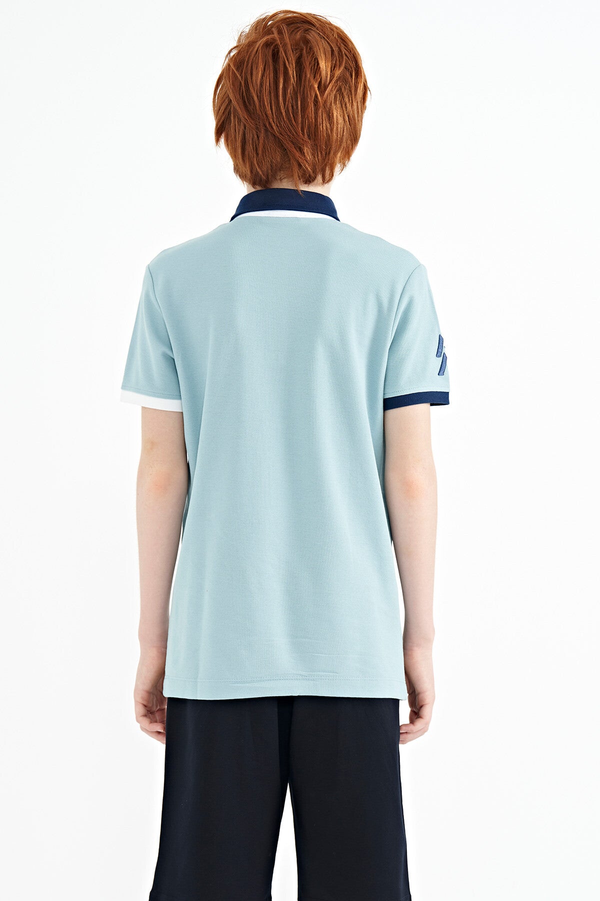 Açık Mavi Kol Ucu Renkli Logo Nakışlı Standart Kalıp Polo Yaka Erkek Çocuk T-Shirt - 11138