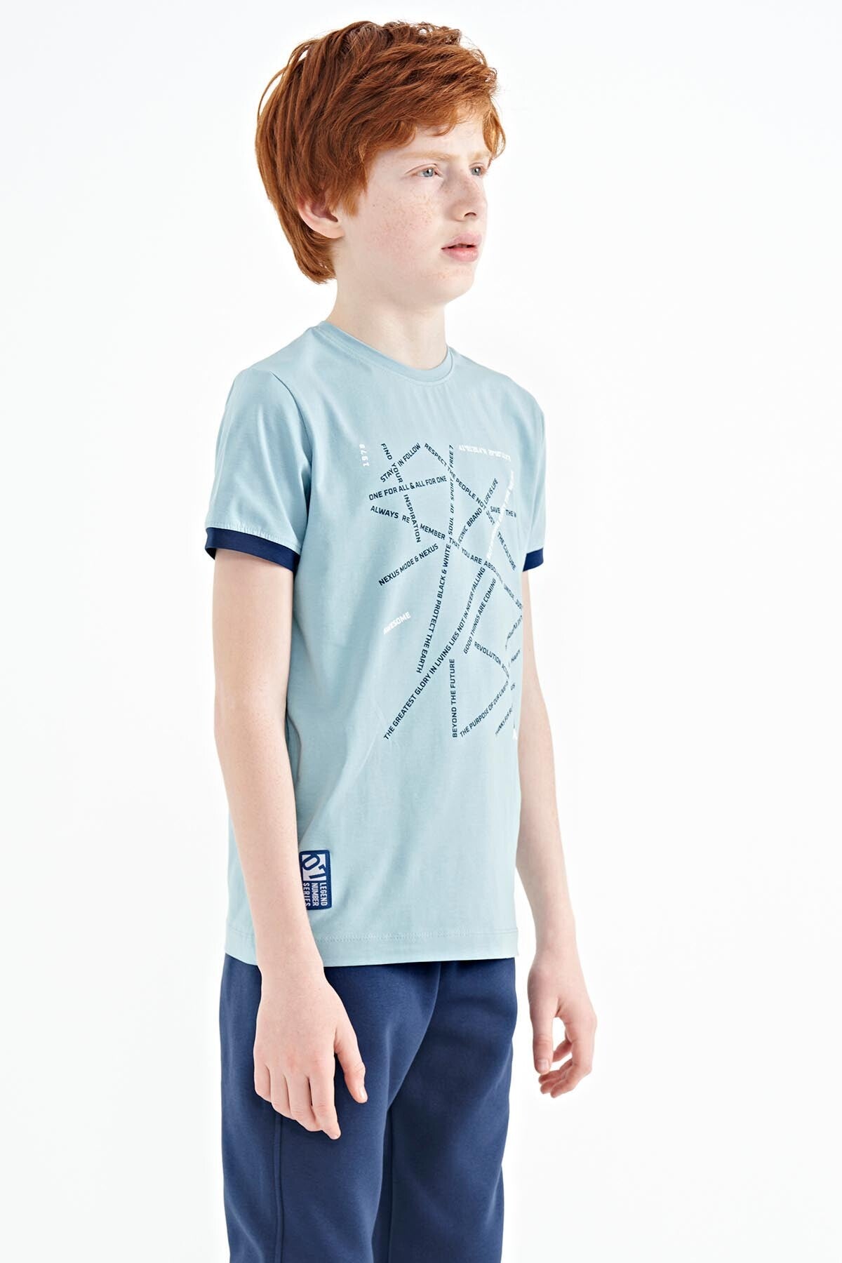 Açık Mavi Minimal Yazı Baskılı Standart Kalıp O Yaka Erkek Çocuk T-Shirt - 11132