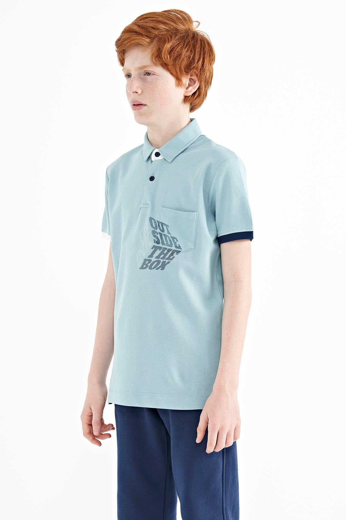Açık Mavi Ön Cep Detaylı Baskılı Standart Kalıp Polo Yaka Erkek Çocuk T-Shirt - 11102
