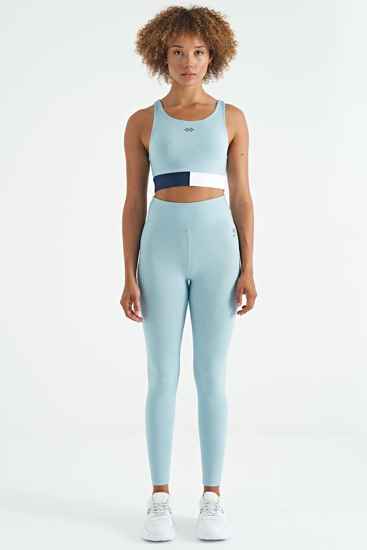 Açık Mavi Renk Bloklu Logo Baskılı Dar Kalıp Fitilli Kadın Büstiyer - 97275