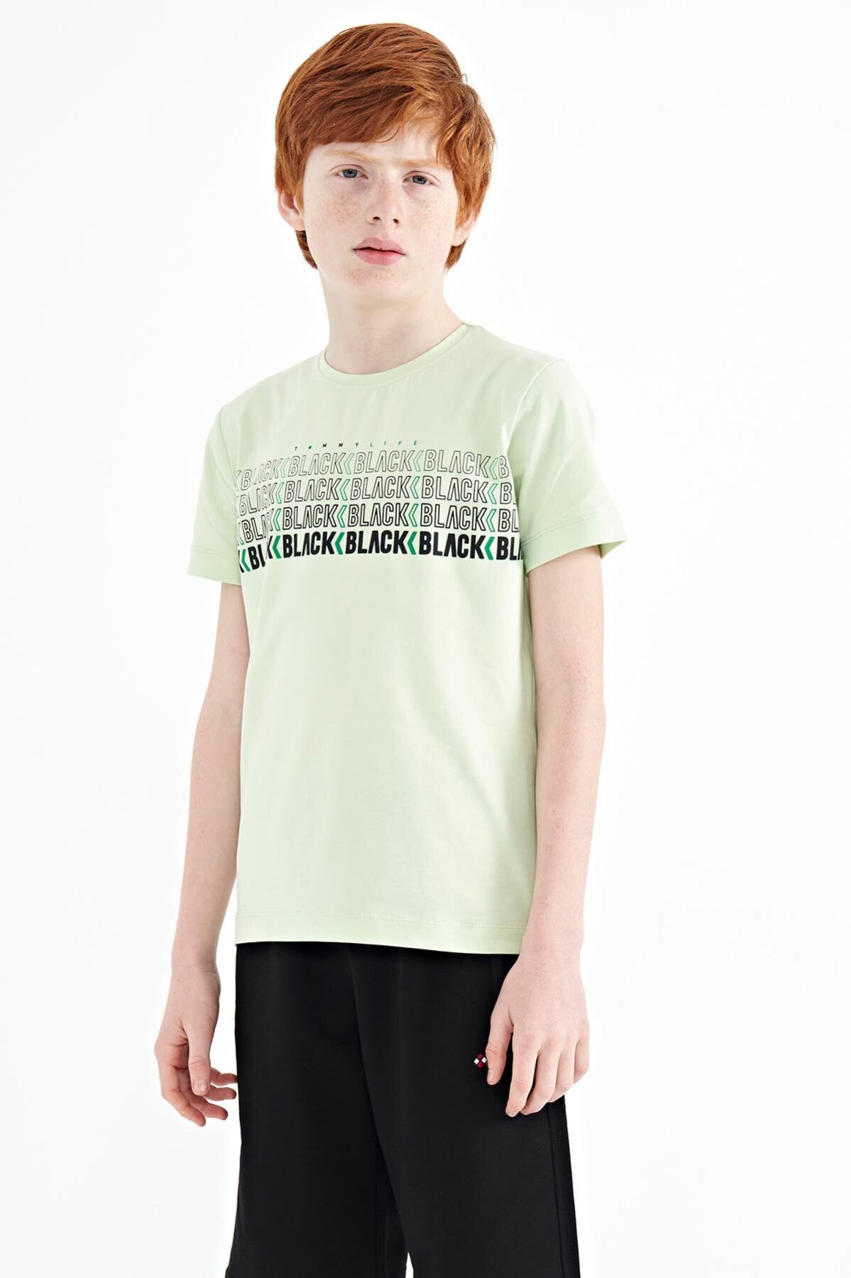 Açık Yeşil Yazı Baskılı O Yaka Standart Kalıp Erkek Çocuk T-Shirt - 11149