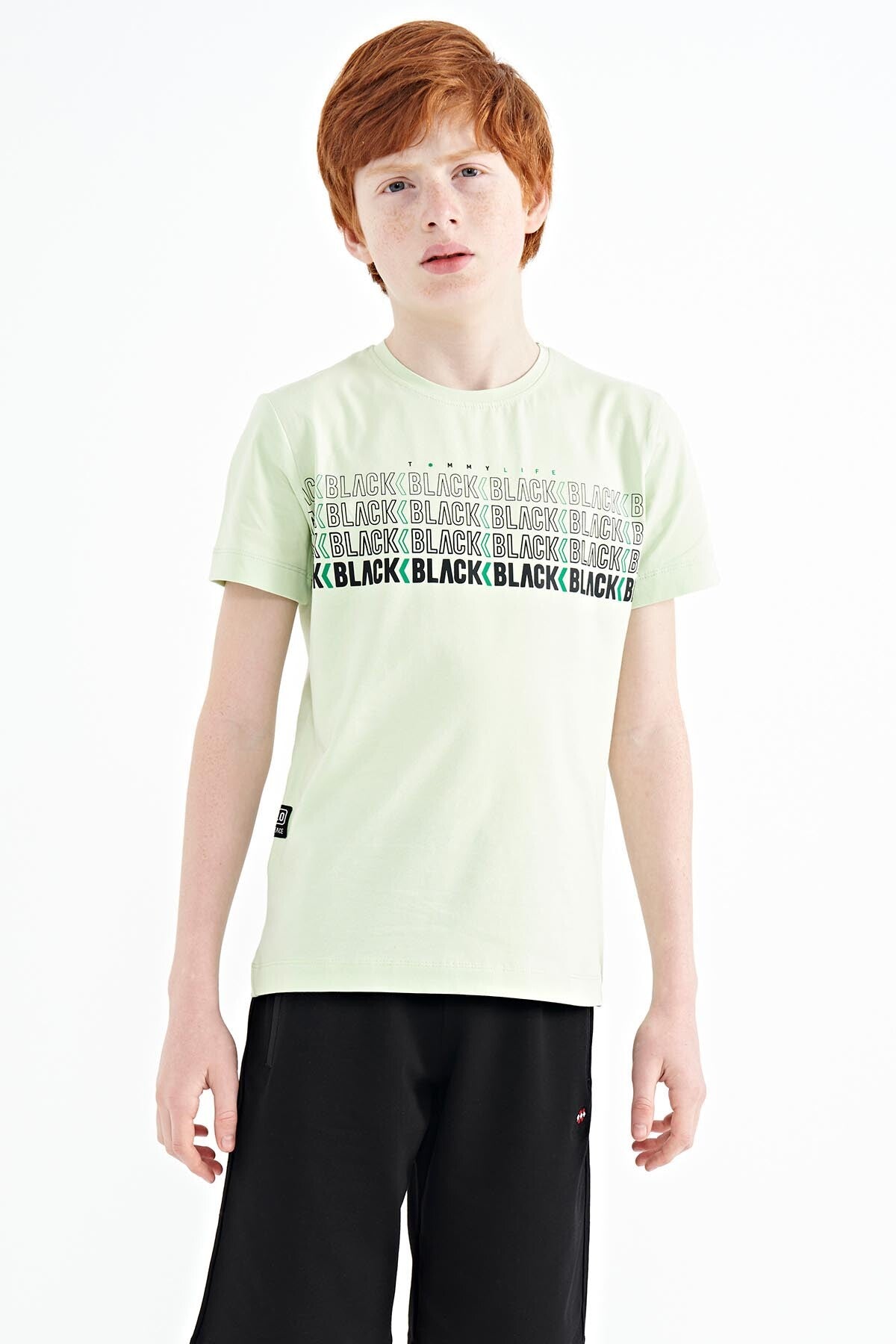 Açık Yeşil Yazı Baskılı O Yaka Standart Kalıp Erkek Çocuk T-Shirt - 11149